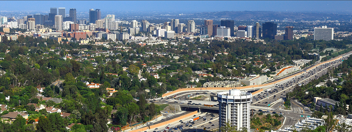 Aerial view of West Los Angeles, including the 405 freeway
